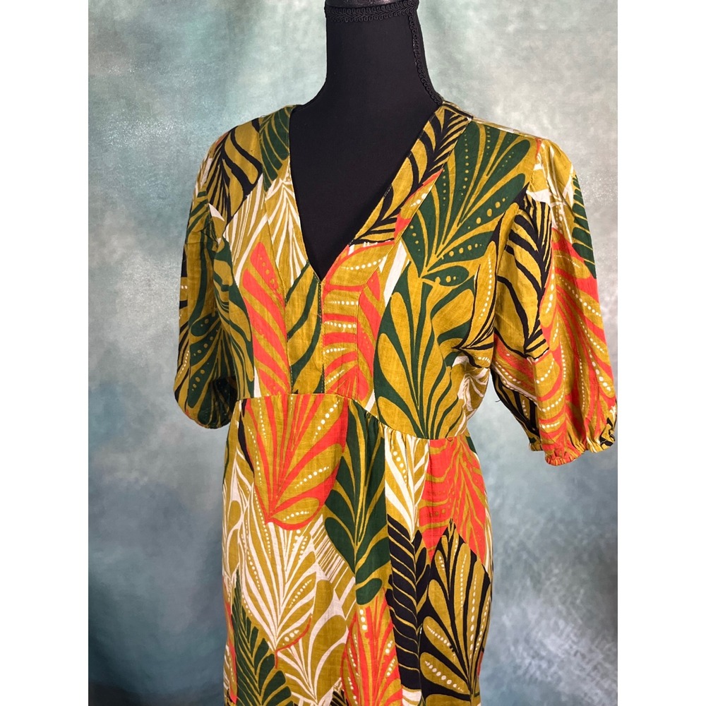 Mlle Gabrielle Womens Mustard Tropical Leaf Print Cotton V-Neck Midi Dress Large - Picture 5 of 7
